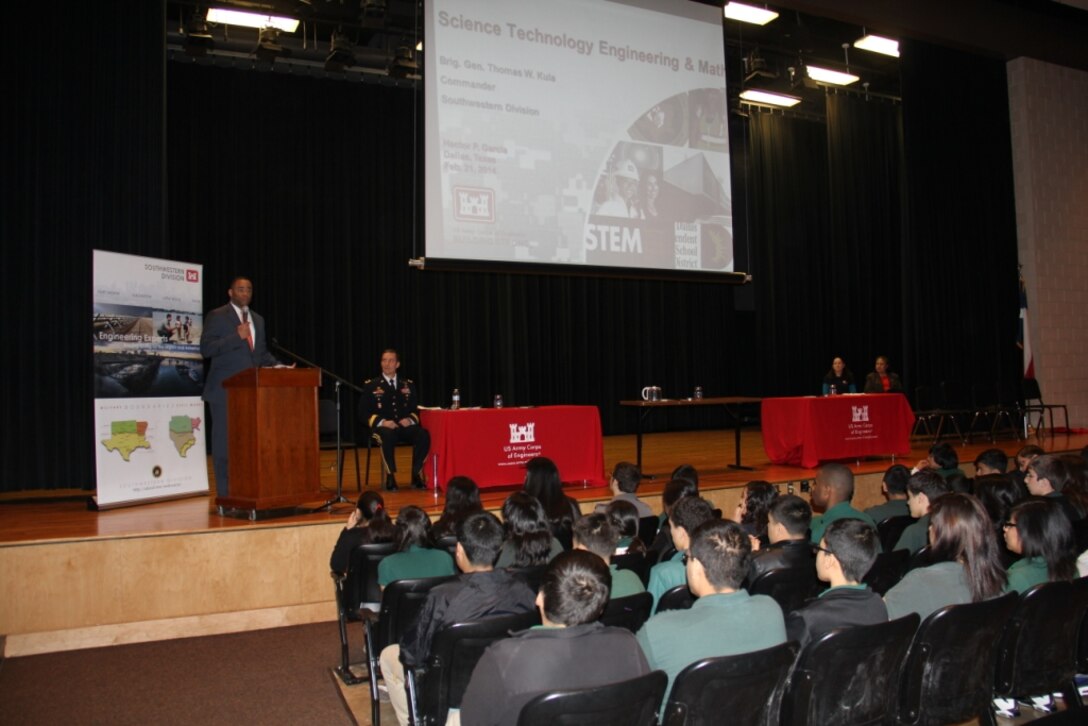 Congressional representative Mark Veasey and Southwestern Division Commander Brig. Gen. Thomas Kula speak to students from the Hector P. Garcia Middle School about the the importance of pursuing an education and degree in the science, technology, engineering and math fields.