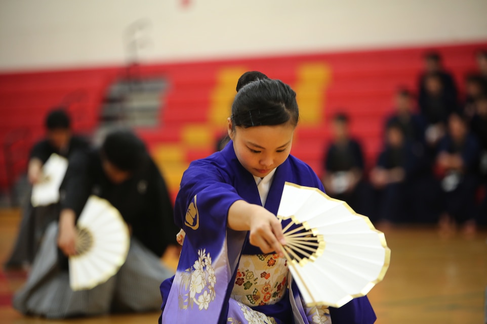 A Nippon Sport Science University student performs a traditional Japanese dance during a demonstration of traditional Japanese performing and martial arts for Marine Corps Base Hawaii at the Semper Fit Center, Feb. 13, 2014. (U.S. Marine Corps photo by Lance Cpl. Suzanna Knotts)