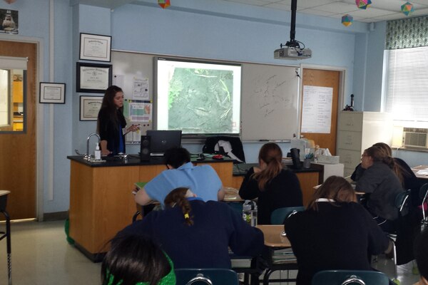 Meagan Chapman, regulatory, presents to Presentation Academy ecology students.