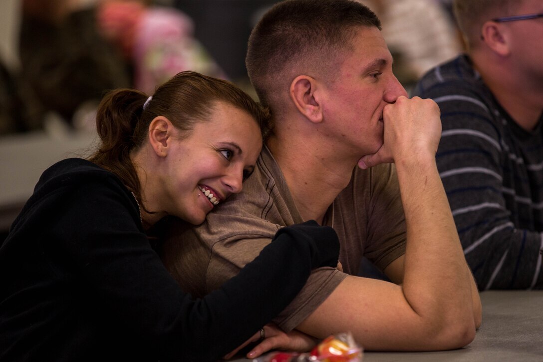 PFC Tobias Condon and his wife, Amy, listen to an instructor during a “P.S., before you say I do” seminar at the Blinder Memorial Chapel, Feb. 19. The Naval Hospital Camp Pendleton hosted the seminar to educate Marines, sailors and their significant others about potential stressors and difficulties that could arise during the early stages of marriage. Condon is a financial management resource analyst with the Marine Corps Tactical Systems Support Activity. 