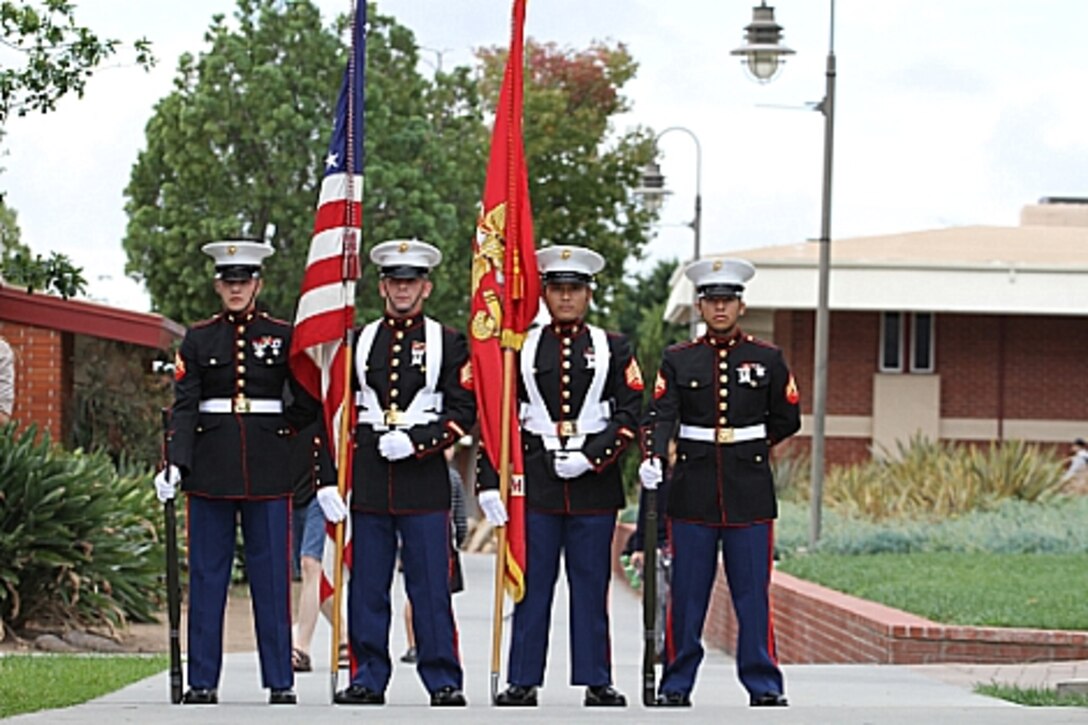 Sgt. Matthew Weiss, center left, colors sergeant with Marine Wing Support Squadron (MWSS) 373 and a Broken Arrow, Okla., native, stands with the color guard in San Diego during a Veterans Day ceremony. Weiss mentors the Marines of the color guard as well as Marines throughout his unit.