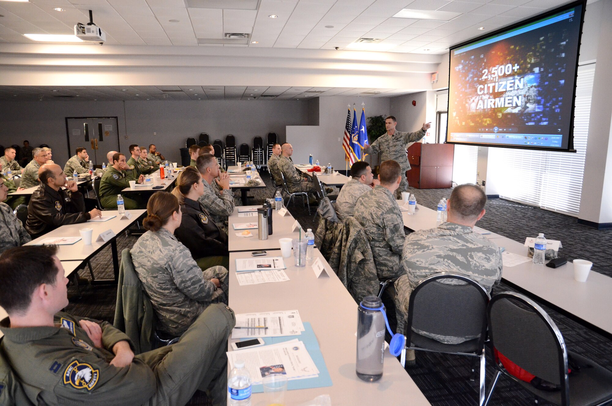 Col. Brett Clark, 94th Airlift Wing commander, instructs attendees on how to lead in current Air Force environments during a Junior Officer Leadership Development Seminar at Dobbins Air Reserve Base, Ga. Feb. 21. JOLDS are designed to train company grade officers in leadership, teambuilding, cultural diversity, mobilization issues and military officership. (U.S. Air Force photo/Brad Fallin)