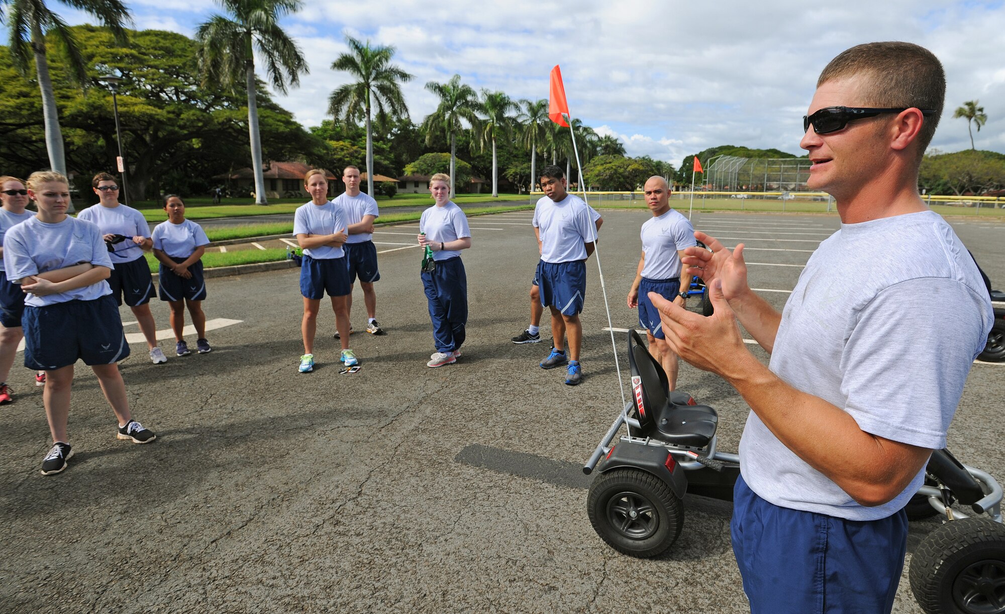 Tech. Sgt. Thomas Hazelwood, 15th Medical Group Alcohol and Drug Abuse Prevention Treatment NCO, briefs 15th MDG personnel on the importance of not drinking and driving during the group’s Wingman Day at Joint Base Pearl Harbor-Hickam, Hawaii, Feb. 20, 2014.  (U.S. Air Force photo/Master Sgt. Jerome S. Tayborn)