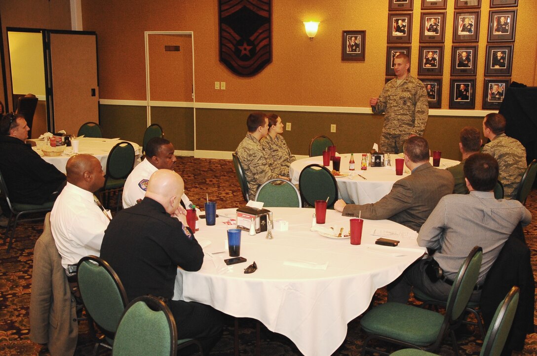 Maj. Brenton Pickrell, 14th Security Forces Squadron Commander, addresses a group of Columbus AFB Airmen and law enforcement officers from across the state of Mississippi at a luncheon Feb. 21 here. The law enforcement officers will receive training from the Base Security Forces Airmen to hone their skills. Participants will take part in events such as an active shooter incident response, a Shoot, Move and Communicate exercise, going through  “shoot/don’t shoot” scenarios in a Firearms Training Simulator and conducting force on force training.
