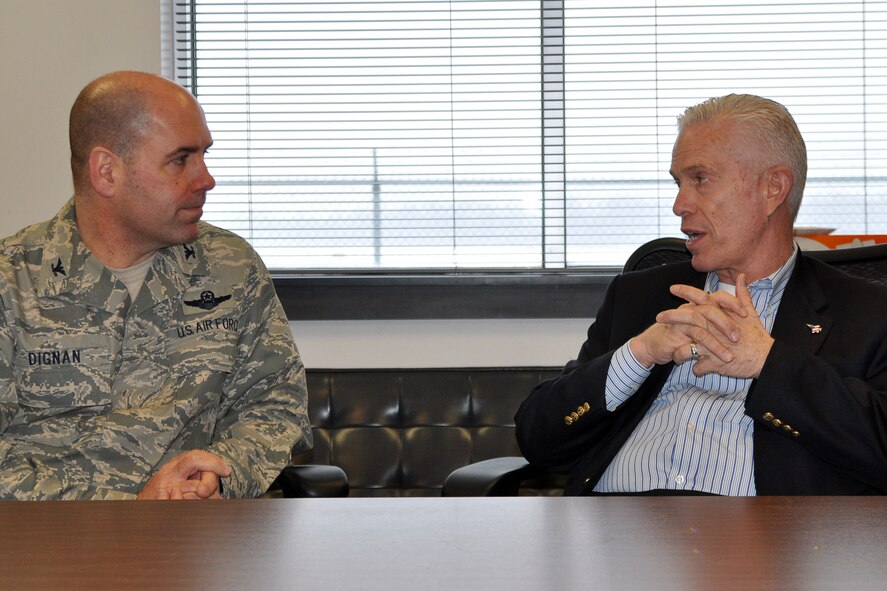 YOUNGSTOWN AIR RESERVE STATION, Ohio – Air Force Reserve Col. James Dignan, commander of the 910th Airlift Wing, talks with Congressman Bill Johnson, Ohio 6th district, during the U.S. representative’s visit to the Federal Aviation Administration’s Air Traffic Control Tower located here, Feb. 14, 2014. Johnson visited the FAA tower and adjacent Youngstown-Warren Regional Airport to discuss a variety of issues affecting the facilities and YARS. The 910th’s installation is designated as an air station because it utilizes the FAA tower and the runways maintained by the airport to accomplish the wing’s mission to ‘Deploy, Deliver, Defend’ anytime, anywhere around the globe. U.S. Air Force photo by Master Sgt. Bob Barko Jr.