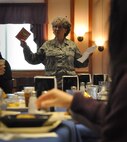 Senior MSgt. Donna Lorenz, 916th logistics plans superintendant, shares lessons on leadership with members of the Wayne County Chamber of Commerce junior leadership program. The group members are among the top performing high school juniors in the county. (USAF courtesy photo) 