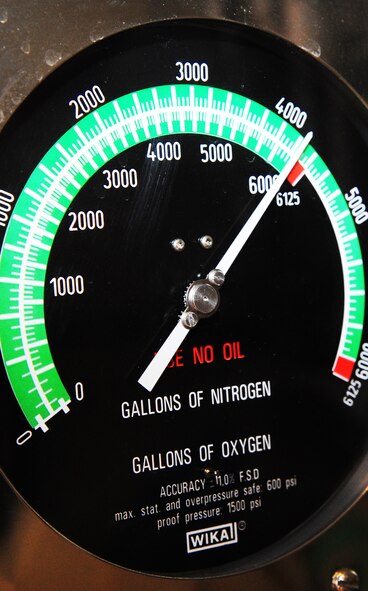 A gauge is used to measure pressure in one of the two six thousand gallon tanks of liquid oxygen used in the critical B-52H Stratofortress mission at Minot Air Force Base, N.D., Feb. 20, 2014. Gauges such as this are essential for safety and keeping everything in running order in the petroleum, oil and lubricants cryogenic shop. (U.S. Air Force photo/Senior Airman Andrew Crawford)