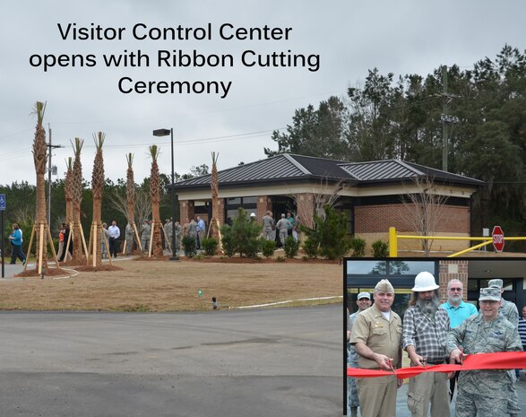 Col. Jeffrey DeVore, Joint Base Charleston commander, Navy Capt. Timothy Sparks, JB Charleston deputy commander and Tommy Crowe, BES Construction superintendent, cut the ribbon on the new Visitor Control Center, Feb. 21, 2014, on Joint Base Charleston – Weapons Station, S.C. The new facility, located on Redbank Road, replaces the old Pass and I.D. office previously located inside the Personnel Support Detachment building. (U.S. Air Force Illustration/Eric Sesit)