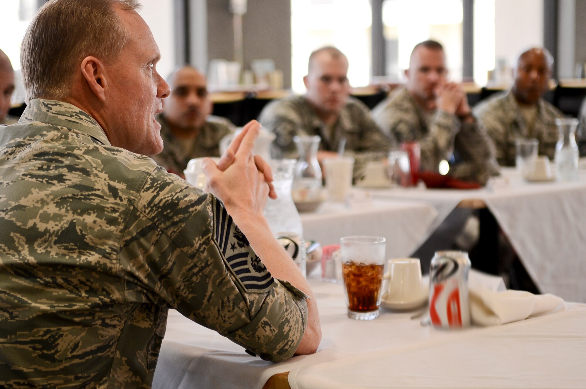 Chief Master Sgt. of the Air Force James A. Cody talks with MacDill’s first sergeants during his visit to MacDill Air Force Base, Fla., Feb. 20, 2014. During his visit, Cody also visited an NCO professional enhancement course and concluded the day with an Airmen’s Call. (U.S. Air Force photo by Senior Airman Melanie Bulow-Gonterman)