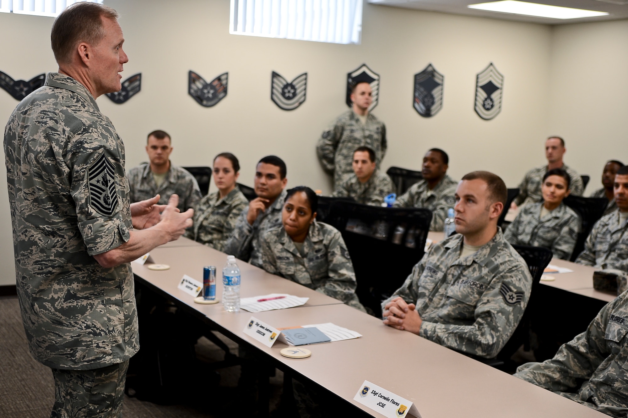 Chief Master Sgt. of the Air Force James A. Cody visits with Airmen attending an NCO professional enhancement course at MacDill Air Force Base, Fla., Feb. 20, 2014. During his visit to MacDill, Cody also met with first sergeants and concluded the day with an Airmen’s Call. (U.S. Air Force photo by Senior Airman Melanie Bulow-Gonterman)