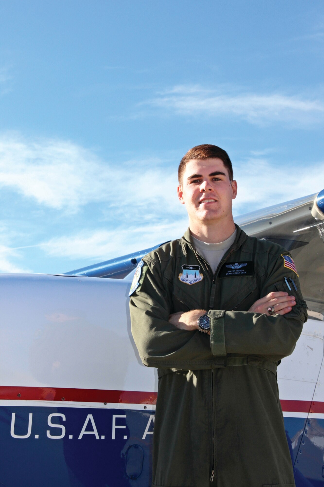 Cadet 1st Class Stefan Morell of the Academy Flying Team was one of two cadets to safely land a T-51A here after its radios caught fire at an altitude of 500 feet during a July 2013 training mission. Morell, along with Cadet 2nd Class James Gehring, received the Air Force Chief of Safety Aviation Well Done Award, the Air Education and Training Director of Safety Annual Aircrew of Distinction Award, the AETC Aviation Safety Well Done Award and the Air Force Recognition Ribbon for his actions.(Air Force photo)  