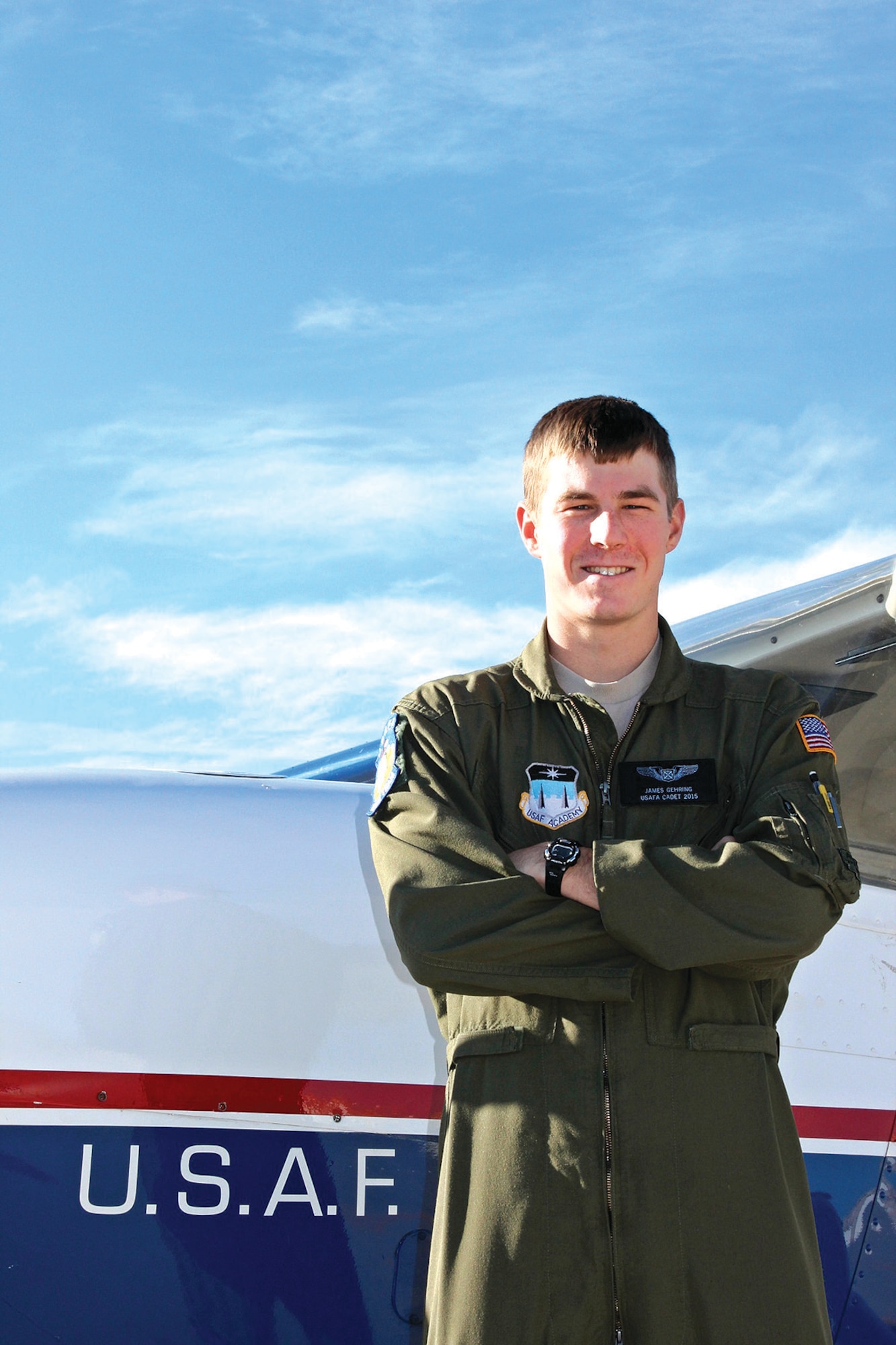 Cadet 2nd Class James Gehring of the Academy Flying Team was one of two cadets to safely land a T-51A here after its radios caught fire at an altitude of 500 feet during a July 2013 training mission. Gehring, along with Cadet 1st Class Stefan Morell, received the Air Force Chief of Safety Aviation Well Done Award, the Air Education and Training Director of Safety Annual Aircrew of Distinction Award, the AETC Aviation Safety Well Done Award and the Air Force Recognition Ribbon for his actions. (Air Force photo)  

