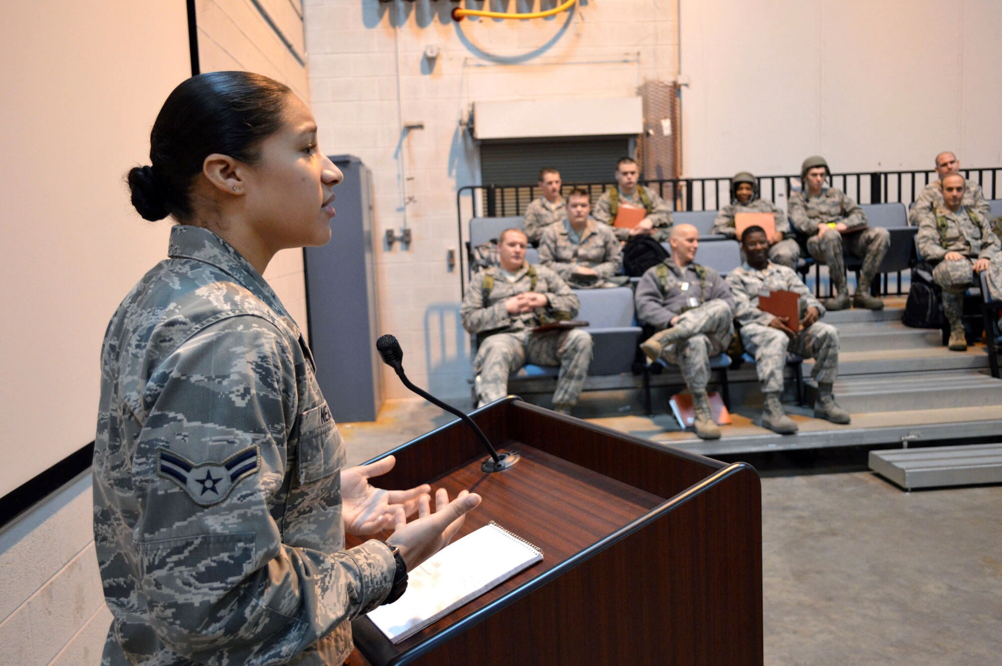 Airman 1st Class Pilar Neal, 43d Medical Squadron, provides a mental health pre-deployment briefing to 43d Airlift group Airmen participating in a 43d Airlift Group mobility exercise here Feb. 20. The four-day exercise prepared 153 personnel and 200 short tons of equipment for deployment. The objectives of the exercise were to assess and evaluate the readiness of the Group, the installation deployment plan, identify process improvement opportunities, command and control, 24-hour operations and fulfill deployment planning and execution requirement to exercise personnel and cargo deployment functions at Pope Army Airfield, Fort Bragg, N.C. (U.S. Air Force photo/Marvin Krause)