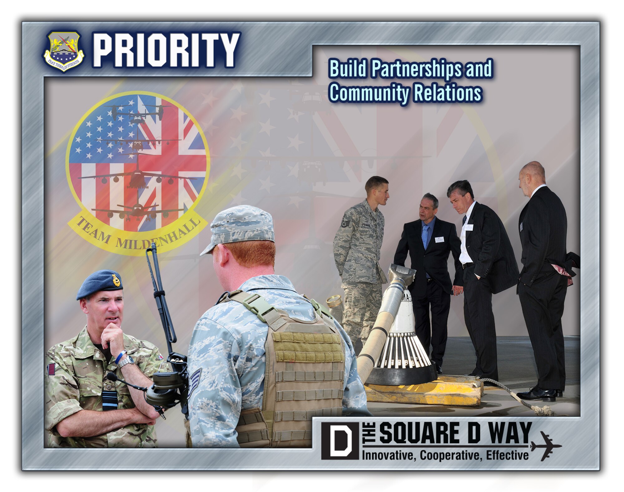 One of the 100th Air Refueling Wing's four priorities is partners - build partnerships and community relations. The 100th ARW is located on RAF Mildenhall, England. (U.S. Air Force graphic by Gary Rogers/Released)