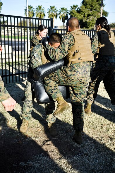 Marine Sergeant Francisco Barron, Bulk Fuel Company C heavy equipment mechanic, strikes the bag with his knee during bag drills Feb. 14 in the Marine Corps Martial Arts Program instructor training course at the Luke Air Force Base soccer field. The Marines performed upper and lower body strikes during the bag drill. (U.S. Air Force photo/Senior Airman David Owsianka)
