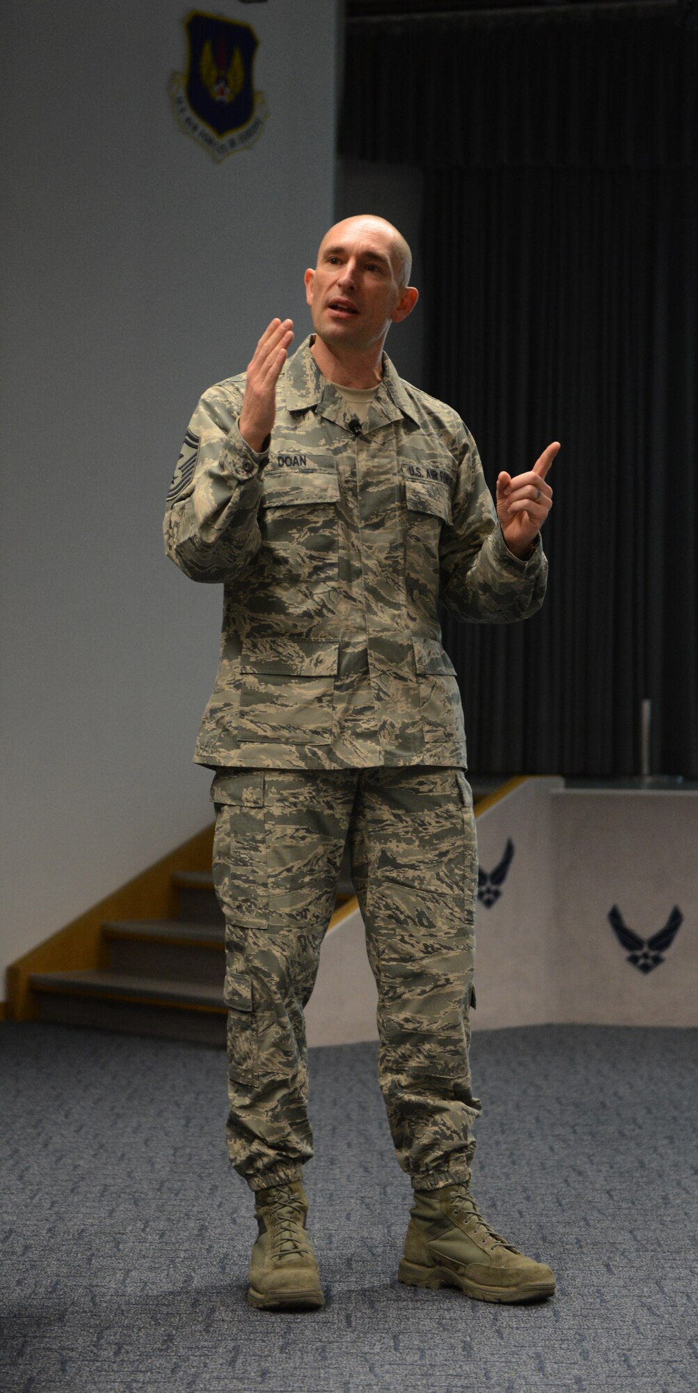 KAPAUN AIR STATION, Germany --  Senior Master Sgt. Charles R. Doan, 86th Medical Group first sergeant, shares with more than 120 non-commissioned officers from nine nations the roles and responsibilities of a U.S. Air Force first sergeant during the Kaiserslautern Military Community First Sergeant Council's Additional Duty First Sergeant Symposium here Feb. 18. The symposium featured international attendees for the first time in its history and covered many areas that first sergeants are responsible for.  (U.S. Air Force Photo By Tech. Sgt. James M. Hodgman)