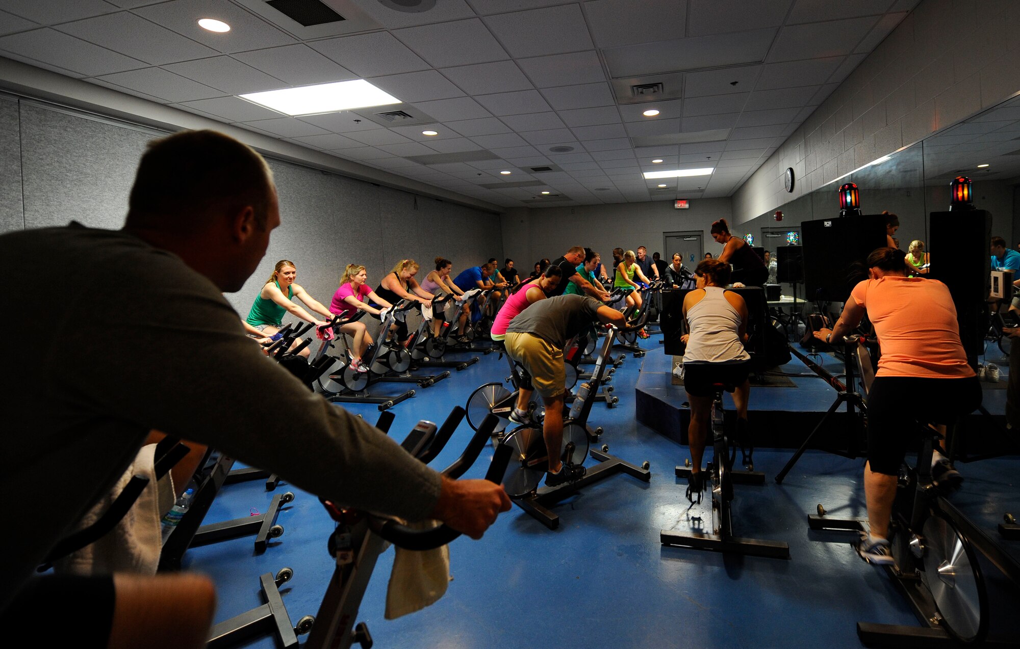 Hurlburt members begin a spin class at the Aderholt Gym on Hurlburt Field, Fla., Feb. 20, 2014. Spin class delivers a cardio, strength and endurance workout. (U.S. Air Force photo/Airman 1st Class Andrea Posey)