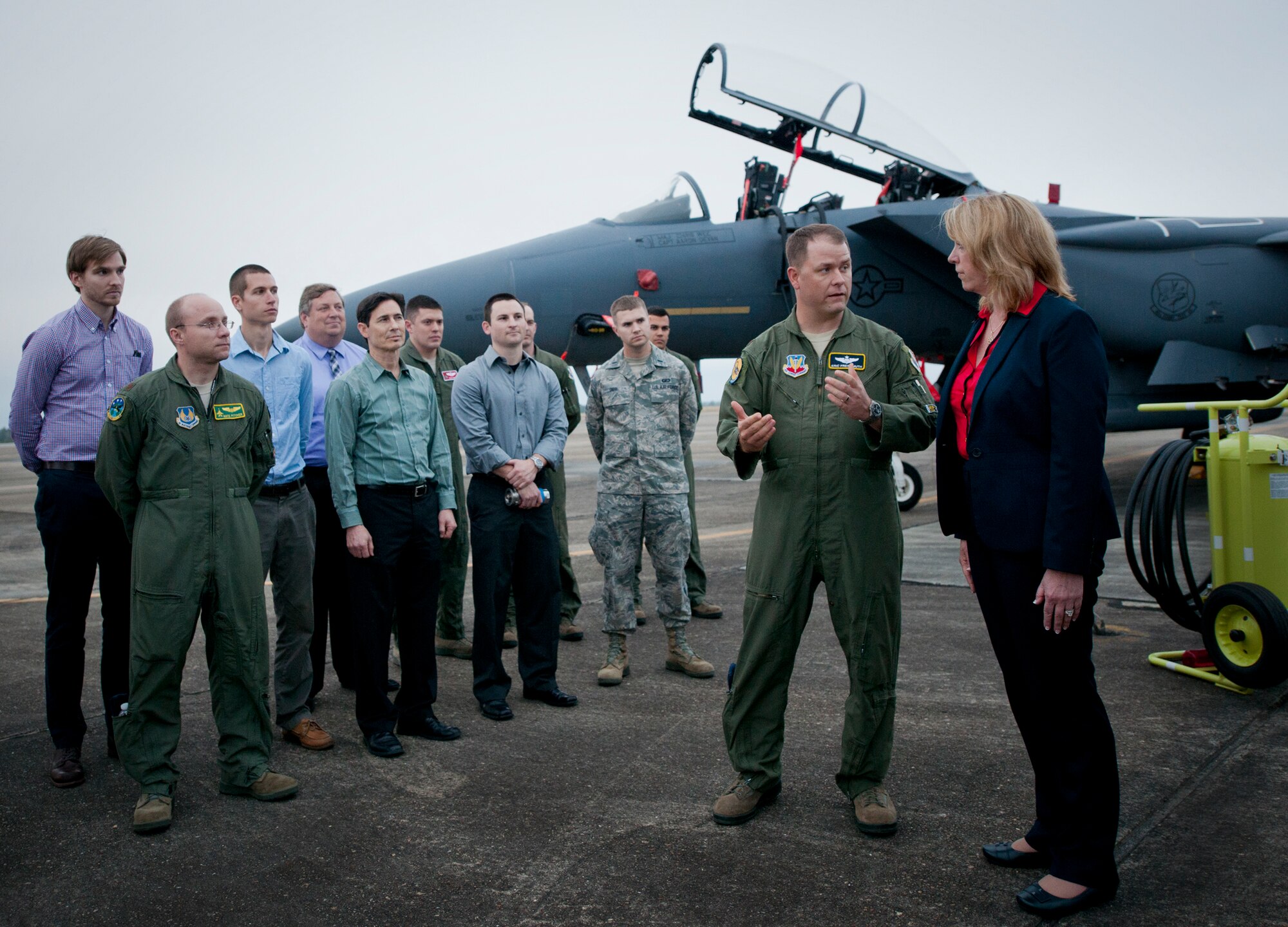Maj. Eric Freienmuth, of the 28th Test and Evaluation Squadron, briefs Secretary of the Air Force Deborah Lee James on the developmental and operational test missions of the 96th Test Wing and 53rd Wing Feb. 19 at Eglin Air Force Base, Fla.  James’ base visit was focused primarily on the joint strike fighter with visits to the Academic Training Center and reprograming lab and meeting with pilots and maintainers.  (U.S. Air Force photo/Samuel King Jr.)