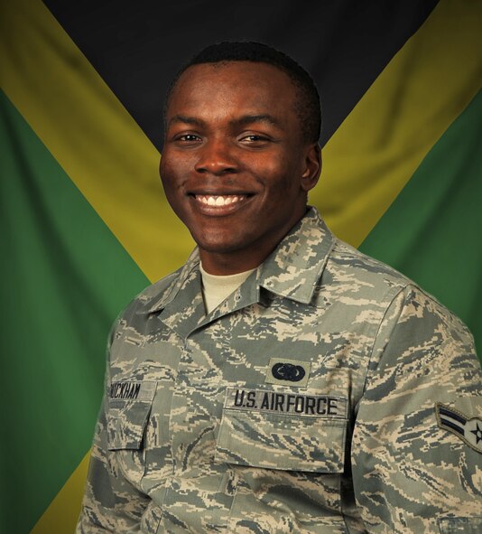 Airman 1st Class Ian Buckham, 4th Logistics Readiness Squadron individual protective equipment technician, was a former Jamaican citizen. “I always wanted to be a part of the American culture and coming to the United States was a dream come true,” said Buckham. “Being able to serve in the United States military and become a citizen was the icing on the cake.” (U.S. Air Force photo illistration by Airman 1st Class Shawna Keyes) 