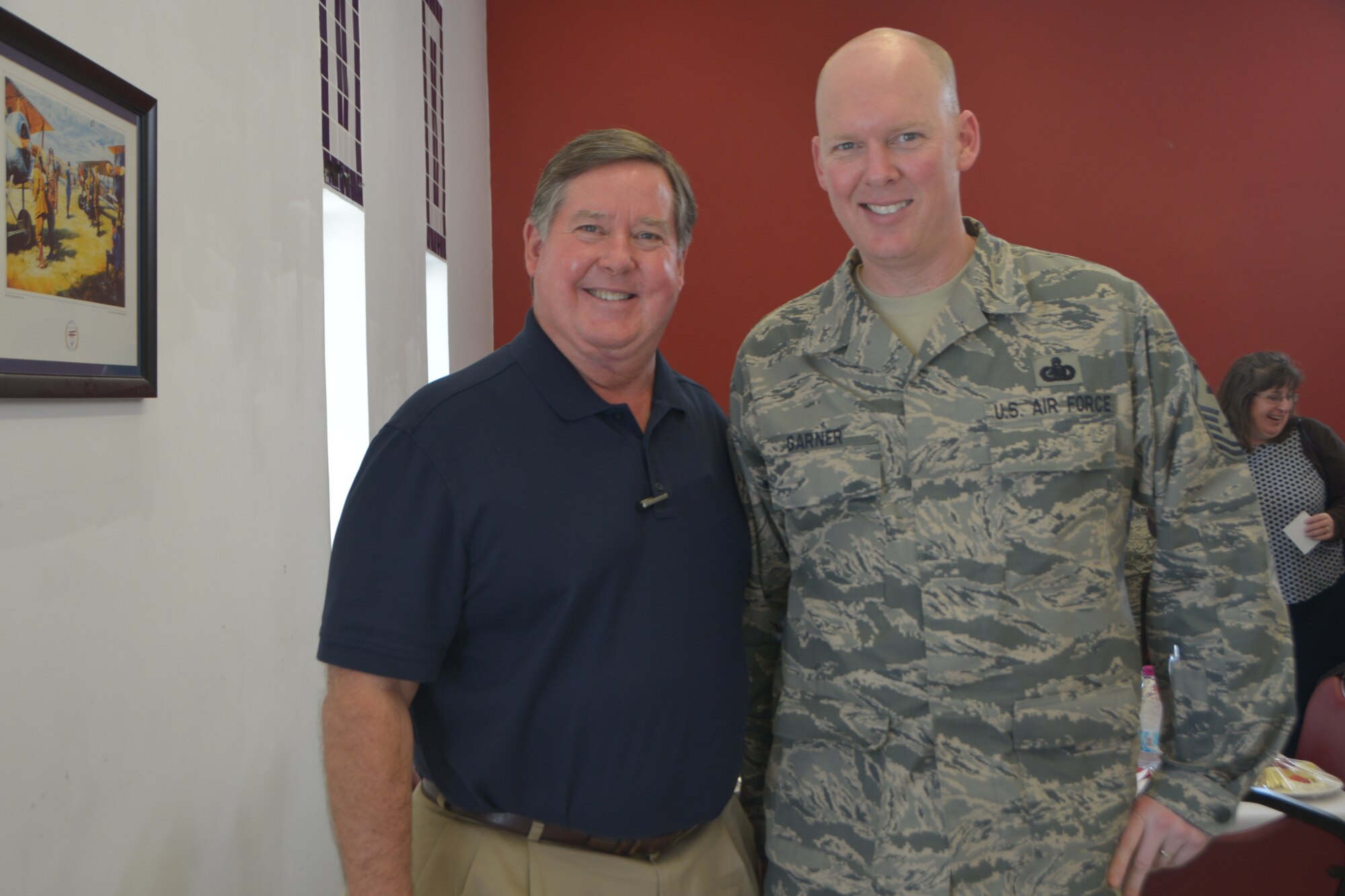 Congressman Ken Calvert (R-Calif.) poses for a photo with Master Sgt. Jeff Garner at Al Udeid Air Base, Qatar, Feb. 18, 2014. Three other congressmen from the House of Appropriations Committee, Peter Visclosky (D-Ind.), James Moran (D-Va.) and Rodney Frelinghuysen (R-N.J.) were also here to visit five Air Force airframes and were briefed on the capability of multiple units on base who support the U.S. Air Forces Central Command area of responsibility and Operation Enduring Freedom. The congressmen also had lunch with Airmen who are from their represented state to discuss any concerns and thank the service members for their hard work. Garner is the 379th Air Expeditionary Wing first sergeant who is deployed from Spangdahlem Air Base, Germany, and hails from Riverside, Calif. (U.S. Air Force photo/Senior Airman Jared Trimarchi)
