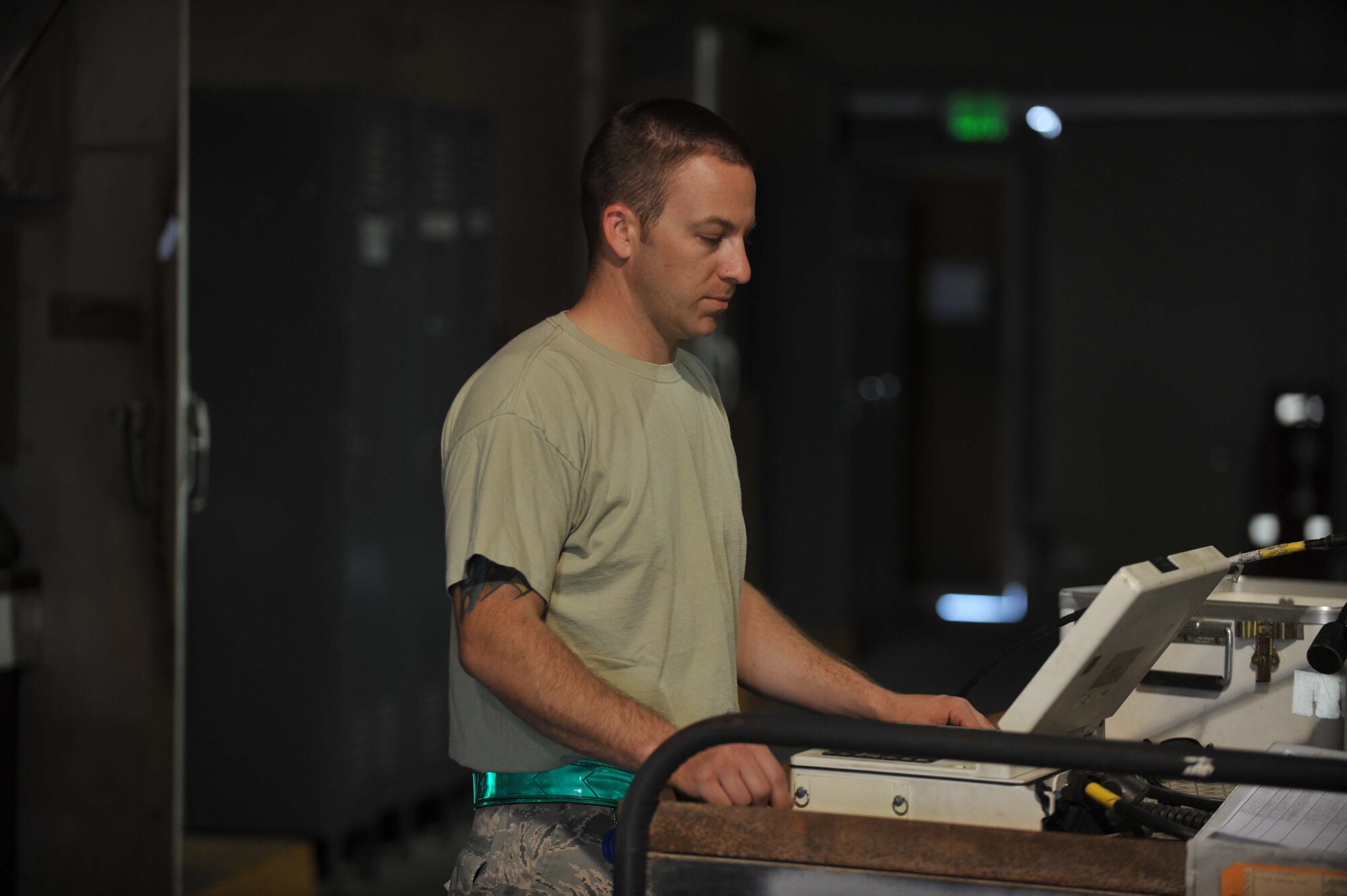 Staff Sgt. Thor Andresen performs an Initiated Built In Test on a Joint Direct Attack Munition tail kit using the Common Munitions Bit Reprogramming Equipment test set during a six-month Assembled Munitions Serviceability Inspection on a Joint Direct Attack Munition. AMSIs are conducted to ensure all munitions components are serviceable and within the service life dates. The JDAMs are built and loaded on B-1B Lancers that support Operation Enduring Freedom. Andersen is a 379th Expeditionary Maintenance Squadron conventional munitions maintenance crew chief deployed from Ellsworth Air Force Base, S.D., and a Lompoc, Calif., native. (U.S. Air Force photo by Master Sgt. David Miller)