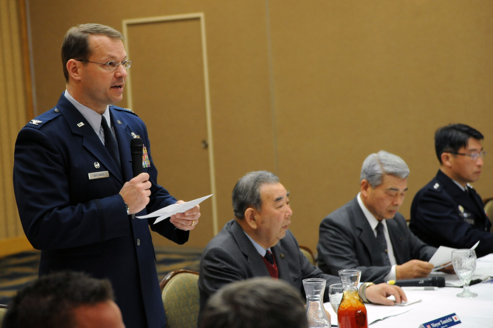 U.S. Air Force Col. Stephen Williams, 35th Fighter Wing commander, addresses members of the Misawa City Council during a Community Relations Advisory Council meeting at Misawa Air Base, Japan, Feb. 21, 2014. The CRAC meetings are held annually, and this year’s meeting covered topics including property sharing between the city, and base and military members supporting local community school programs. (U.S. Air Force photo/Senior Airman Derek VanHorn)