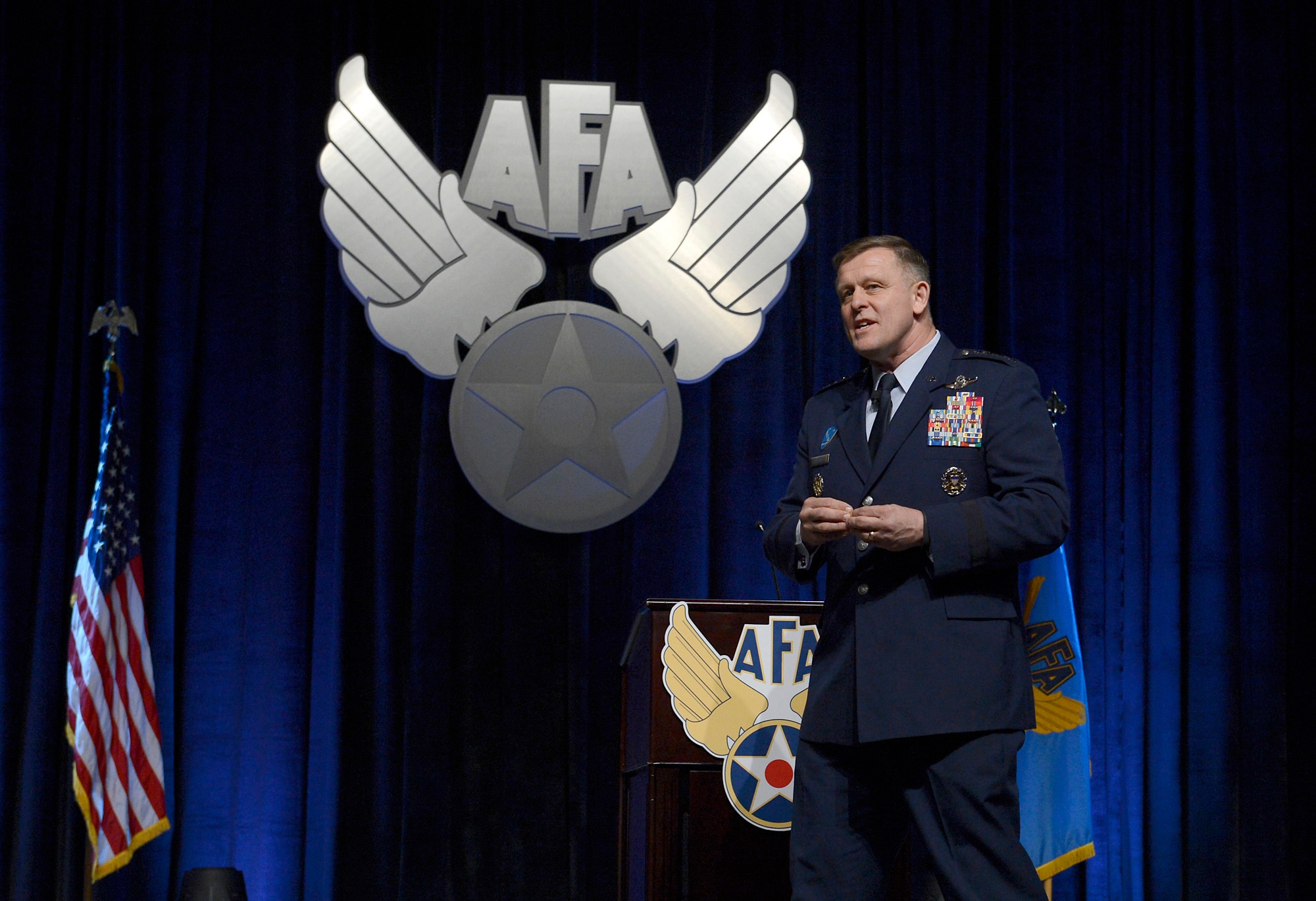 Gen. Frank Gorenc addresses an audience during the 30th Annual Air Force Association Air Warfare Symposium and Technology Exposition Feb. 20, 2014, in Orlando, Fla.  Gorenc talked about the evolutions of the Air Force from his Air Force Academy commission and during the Cold War in 1979 through the challenges the Air Force faces today. Gorenc is the U.S. Air Forces in Europe Command commander, U.S. Air Forces Africa Command commander, Allied Air Command commander, and Joint Air Power Competence Centre director. (U.S. Air Force photo/Scott M. Ash)