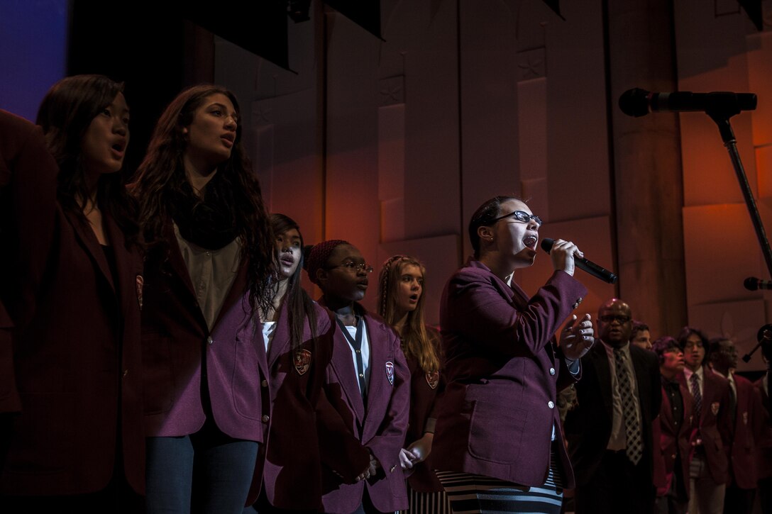 Students from Matthew C. Perry High School sing during the 2014 U.S.-Japan Friendship Concert that took place inside the Iwakuni Sinfonia Feb. 15. Several schools from out in Iwakuni and Matthew C. Perry Schools attended the event.