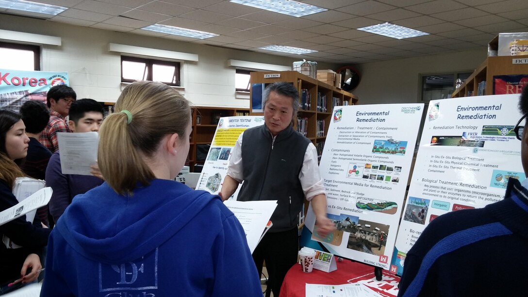 Dr. Chon Song-u, Geologist, Environmental Section talks to Seoul American High School students about environmental remediation during engineer day Feb. 20.