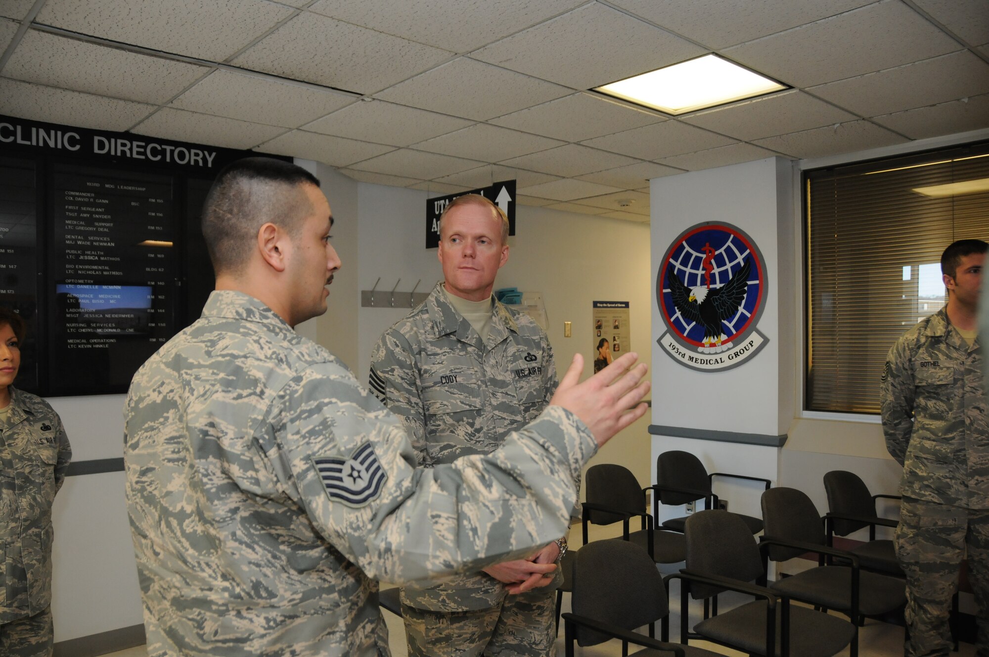 Chief Master Sgt. of the Air Force James A. Cody (center) gets a tour of the 193rd Special Operations Medical Group from Tech. Sgt. Rafael Melgar (left), 193rd SOMDG biomedical equipment technician. Chief Cody visited the 193rd SOW Feb. 22-23 to get a firsthand look at the wing’s missions and to speak with Airmen about challenges they face. (U.S. Air National Guard photo by Staff Sgt. Susan Penning/Released)