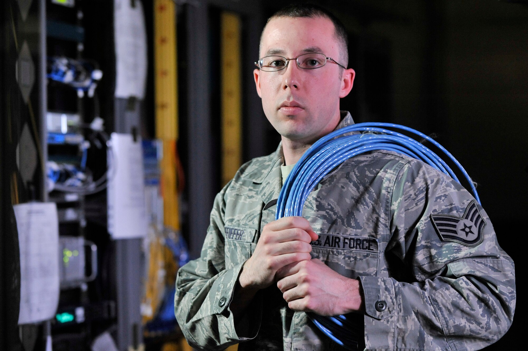 MISAWA AIR BASE, Japan – Staff Sgt. Michael Pfeiffer, 35th Communications Squadron cyber transport systems supervisor, poses for a photo at Misawa Air Base, Japan, Feb. 23, 2013. Pfeiffer was selected by the 35 CS as the Wild Weasel of the Week for his superior performance, outstanding work ethic, and overall good conduct and discipline. (U.S. Force photo/ Staff Sgt. Tong Duong)