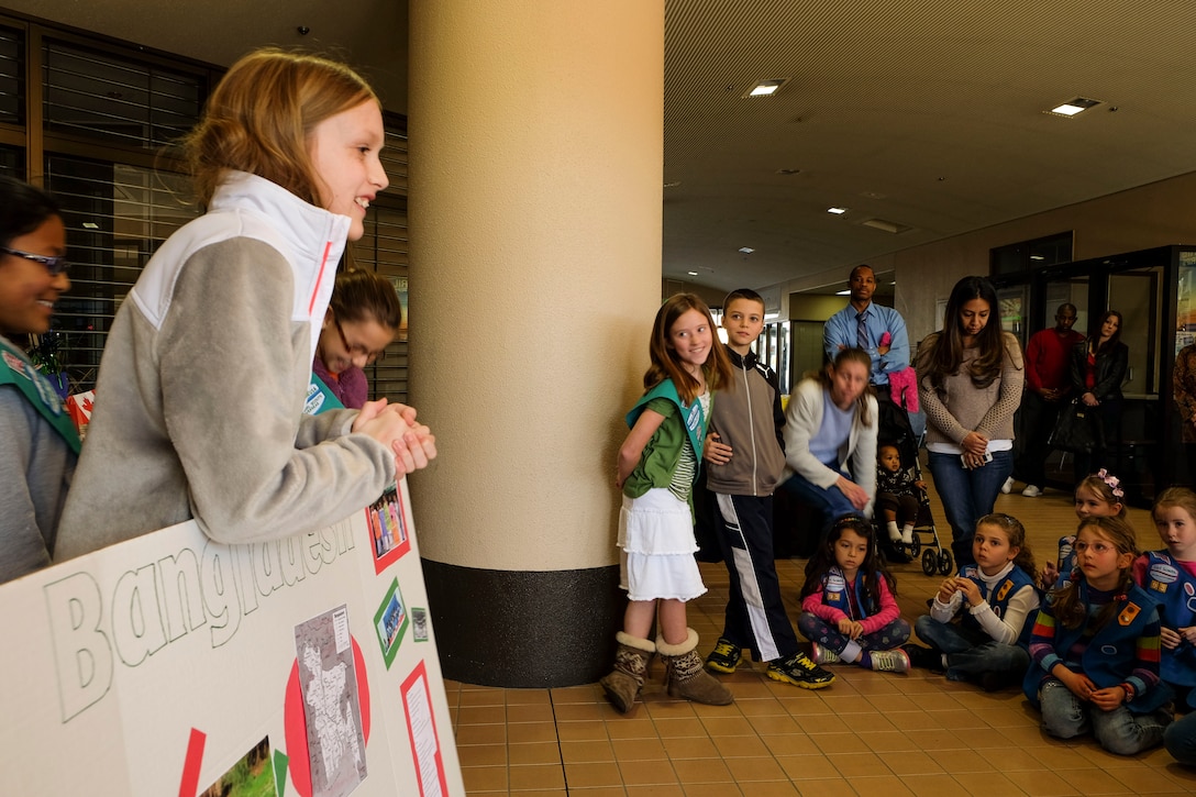 Danielle Piper, 12, a Girl Scout with Cadette Troop 30, gave a presentation on the country Bangladesh alongside the other Cadette troops during World Thinking Day 2014 at the Crossroads Mall aboard Marine Corps Air Station Iwakuni, Japan, Feb. 23, 2014. The purpose of World Thinking Day is to teach Girls Scouts they are a part of larger community with more than 10 million Girls Scouts worldwide, according to Hyla Melloy, USA Girl Scout Overseas co-chairman for Iwakuni. There are four Cadettes aboard MCAS Iwakuni. 