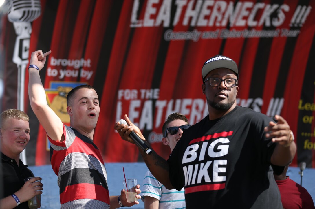“Big Mike”, the disc jockey in “For the Leathernecks 3” tour, starts the show by warming up the crowd aboard Marine Corps Air Station Miramar, Calif., Feb. 21. The tour included performances from comedians, dancers and a musical performance by Drowning Pool.