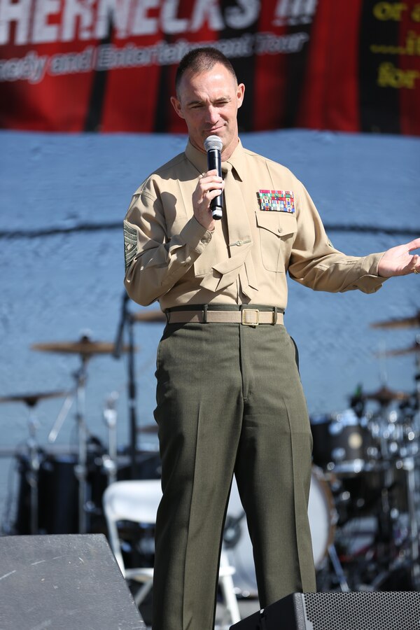 Sgt. Maj. Patrick Kimble, 3rd Marine Aircraft Wing sergeant major, speaks to the Marines attending the “For the Leathernecks 3” tour aboard Marine Corps Air Station Miramar, Calif., Feb. 21. The tour included performances from comedians, dancers and a musical performance by Drowning Pool.