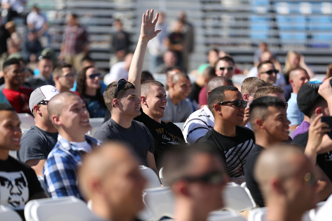 Marines stationed aboard Marine Corps Air Station Miramar, Calif., watch the “For the Leathernecks 3” tour, Feb. 21. The show included acts from comedians, dancers and a musical performance by Drowning Pool. 