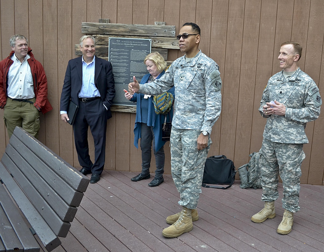 Brig. Gen. Turner, South Pacific Division commander, reflects on an overview of the South San Francisco Bay Shoreline Study given by the Santa Clara Valley Water District (SCVWD) Board of Directors and USACE San Francisco District Project Managers on Feb. 12, 2014, at the U.S. Fish and Wildlife Service Education Center, Alviso, Calif. Two Non-Federal Sponsors, the California Coastal Conservancy and Santa Clara Valley Water District (SCVWD) teamed with Lt. Col. John Baker, San Francisco District commander, and his District staff members to show Brig. Gen. Turner projects during a day-long tour that began in Santa Clara County and ended at the Port of Redwood City.