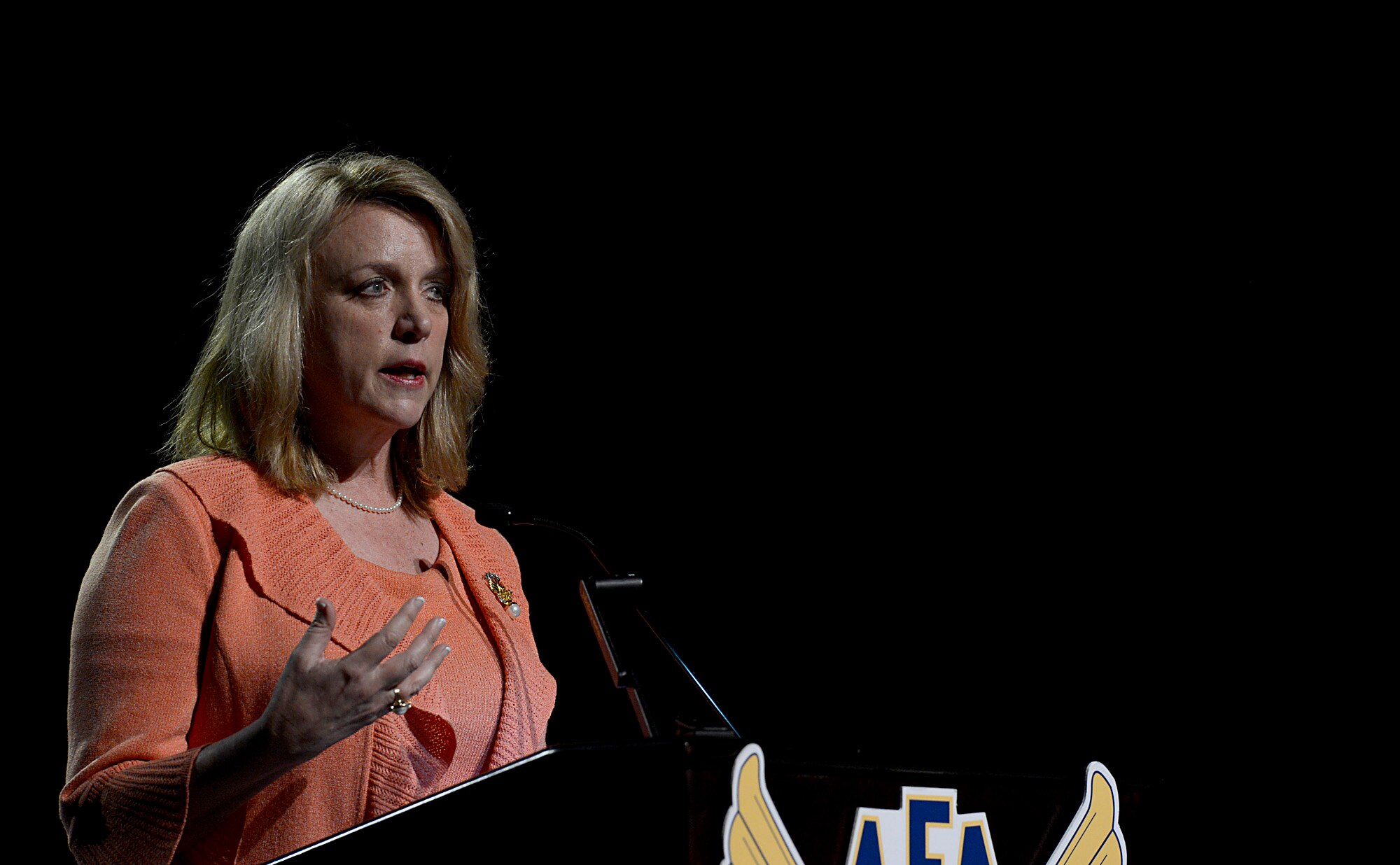 Secretary of the Air Force Deborah Lee James delivers her keynote speech during the 30th Annual Air Force Association Air Warfare Symposium and Technology Exposition, in Orlando, Fla., Feb. 21, 2014.  James described the Air Force as the "nation's go-to force, ready at a moment's notice to answer the president's call, providing global vigilance, global reach and global power." (U.S. Air Force photo/Scott M. Ash)