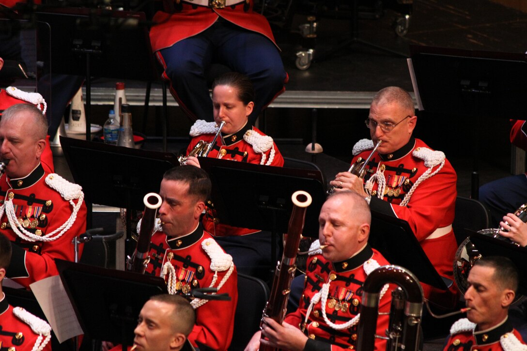 On Feb. 23, 2014, the Marine Band performed a concert titled "Themes and Variations," at the Rachel M. Schlesigner Concert Hall at Northern Virginia Community College in Alexandria, Va. Conducted by Col. Michael J. Colburn, the concert featured pianist Gunnery Sgt. AnnaMaria Mottola performing George Gershwin's Variations on "I Got Rhythm." (U.S. Marine Corps photo by Master Sgt. Kristin duBois/released)