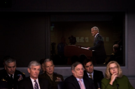 Secretary of Defense Chuck Hagel and 18th Chairman of Joint Chiefs of Staff Gen. Martin E. Dempsey addressed media during a press briefing in the Pentagon Press Briefing Room, Feb. 24, 2014. The focus of the briefing was to layout a proposed Department of Defense budget for the Armed Services. DoD photo by Staff Sgt. Sean K. Harp