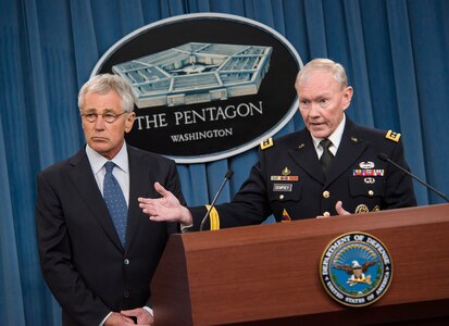 Secretary of Defense Chuck Hagel and 18th Chairman of Joint Chiefs of Staff Gen. Martin E. Dempsey addressed media during a press briefing in the Pentagon Press Briefing Room, Feb. 24, 2014. The focus of the briefing was to layout a proposed Department of Defense budget for the Armed Services. DoD photo by Staff Sgt. Sean K. Harp