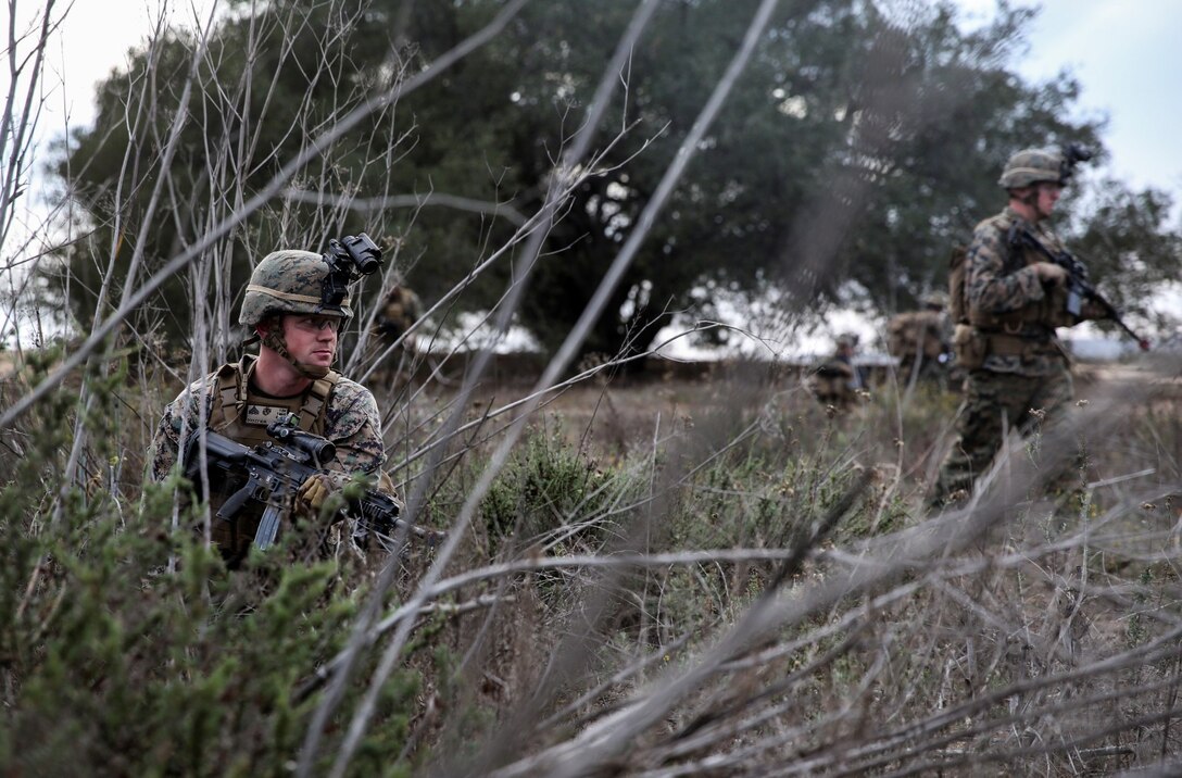 U.S. Marine Cpl. Matthew Dooley, 1st Battalion, 1st Marine Regiment, provides security while conducting a helo insertion to a nighttime urban terrain raid training during Exercise Iron Fist 2014 aboard Camp Pendleton, Calif., Feb. 18, 2014. Iron Fist is an amphibious exercise that brings together Marines and sailors from the 15th Marine Expeditionary Unit, other I Marine Expeditionary Force units, and soldiers from the JGSDF, to promote military interoperability and hone individual and small-unit skills through challenging, complex and realistic training. (U.S. Marine Corps photo by Cpl. Emmanuel Ramos/Released)