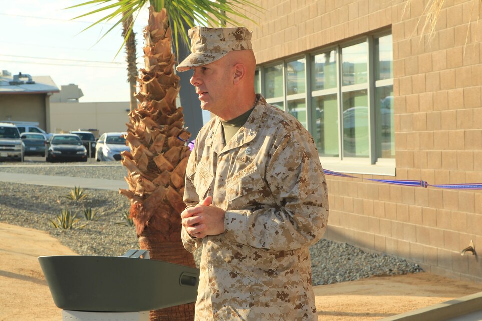 Maj. Gen. David H. Berger, MCAGCC commanding general, makes remarks shortly before the cutting of a ribbon during a grand opening ceremony for the Lifelong Learning Education Center, at building 1530, Sept. 5, 2013.