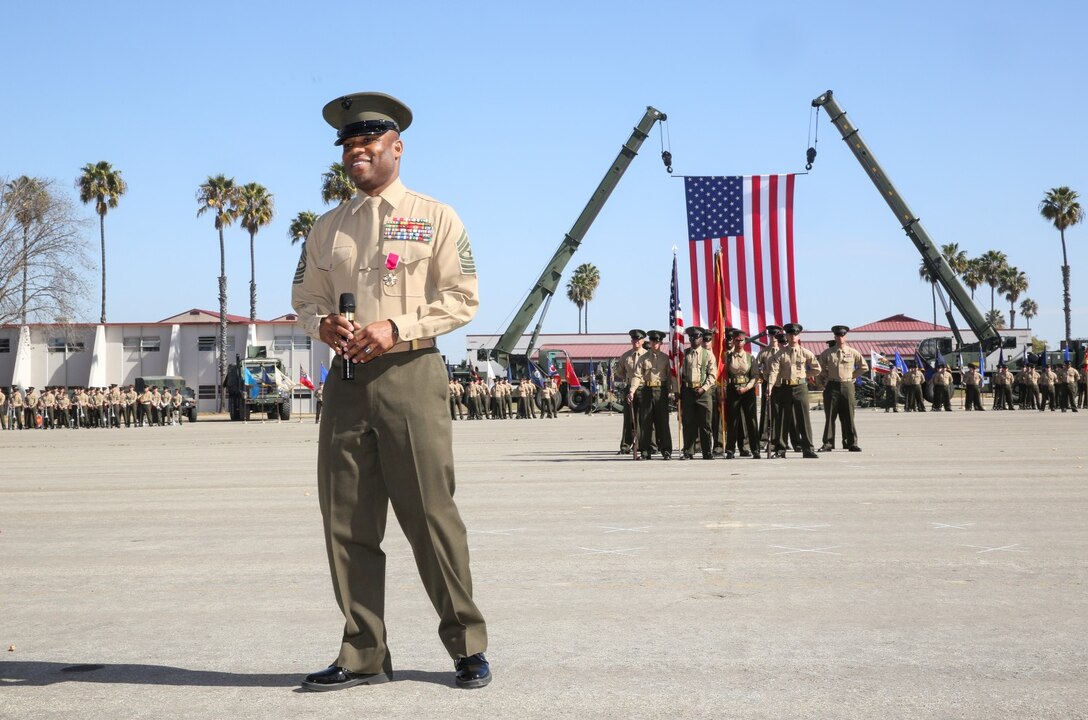 Sergeant Maj. John Scott thanks his fellow service members for their professionalism while he was the senior enlisted advisor for the 15th Marine Expeditionary Unit, during a relief and appointment ceremony aboard Camp Pendleton, Calif., Feb. 21, 2014. Scott will be taking charge as the senior enlisted advisor to Marine Corps Forces Special Operations Command, Camp Lejeune, N.C. (U.S. Marine Corps photo by Cpl. Emmanuel Ramos/Released)