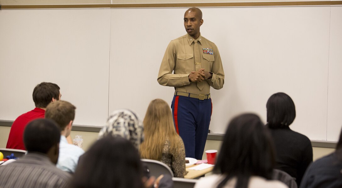 Lieutenant Col. Larry D. Parker, section head, Manpower Plans and Policies, Headquarters Marine Corps, speaks to college students about his leadership experiences in the Marine Corps during the Marine Corps Leadership Seminar (MCLS), Virginia Commonwealth University, Richmond, Va., Feb. 21. The MCLS is a one-day program designed to spread awareness of the Marine Corps as well as teach college students valuable leadership traits and characteristics.
