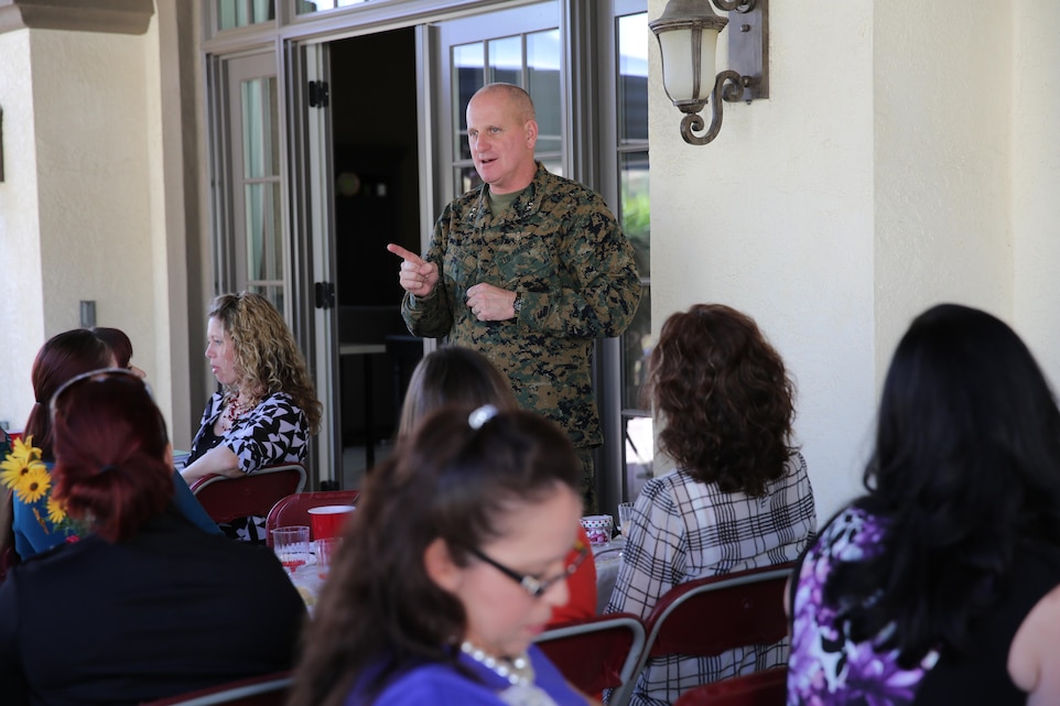 The 3rd MAW commanding general, Maj. Gen. Steven Busby, speaks to spouses of Marines in 3rd Marine Aircraft Wing (MAW) units at a luncheon aboard Marine Corps Air Station Miramar, Calif., Feb. 13. Busby spoke to the spouses and showed his appreciation for their work, as part of the Committed and Engaged Spouse initiative.