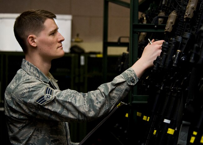 U.S. Air Force Senior Airman Jeremiah Simmons, 99th Security Force Squadron armory technician, conducts an armory inventory check Feb. 21, 2014, at Nellis Air Force Base, Nev. The majority of the work the armory Airmen conduct is checking weapons in and out to other security forces Airmen and maintaining accountability of weapons. (U.S. Air Force photo by Senior Airman Jason Couillard)