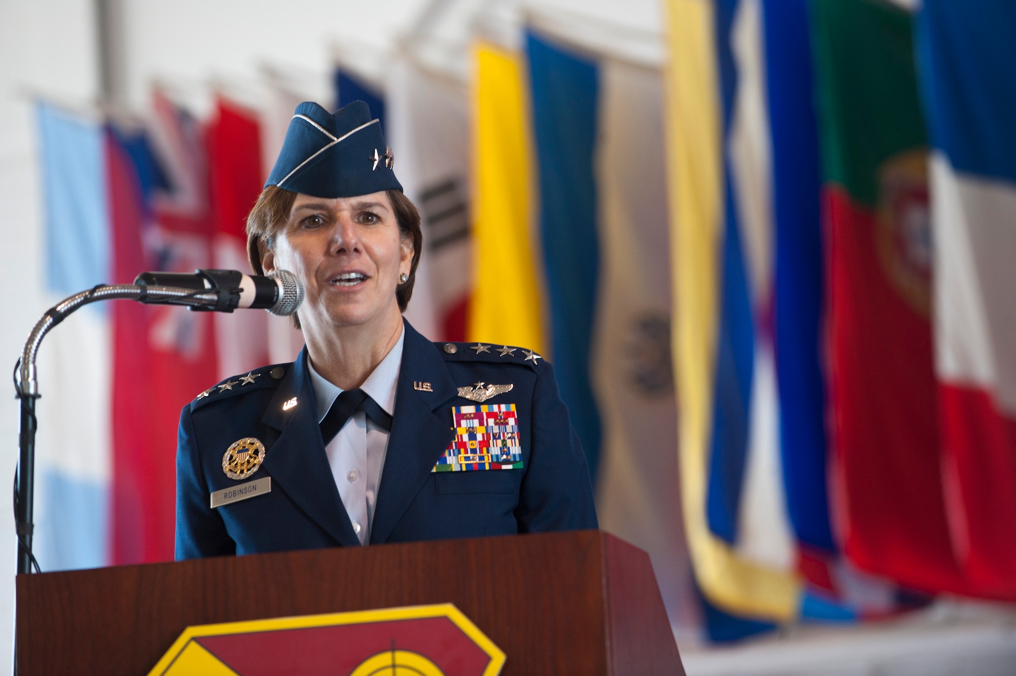 U.S. Air Force Lt. Gen. Lori Robinson, Air Combat Command vice commander, provides opening remarks during an assumption of command ceremony in the Thunderbird hangar Feb. 21, 2014, at Nellis Air Force Base, Nev. Robinson was the presiding official for the assumption of command ceremony. (U.S. Air Force photo by Senior Airman Matthew Lancaster)