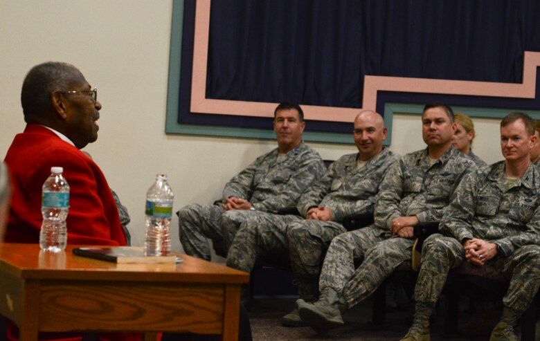 Retired Chief Master Sgt. Walter Richardson speaks to Airmen at Hurlburt Field, Fla., Feb. 19, 2013. Richardson is an original Tuskeegee Airman who shared his 30-year Air Force story with about 300 Hurlburt members. (U.S. Air Force photo/Staff Sgt. John Bainter)