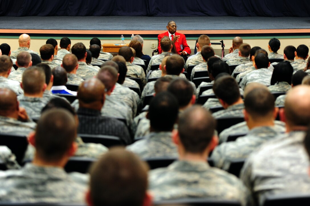Retired Chief Master Sgt. Walter Richardson speaks to Airmen about his part of Air Force integration as a Tuskeegee Airman at Hurlburt Field, Fla., Feb. 19, 2013. Richardson spoke as part of Black History Month. (U.S. Air Force photo/Staff Sgt. Victoria Sneed)