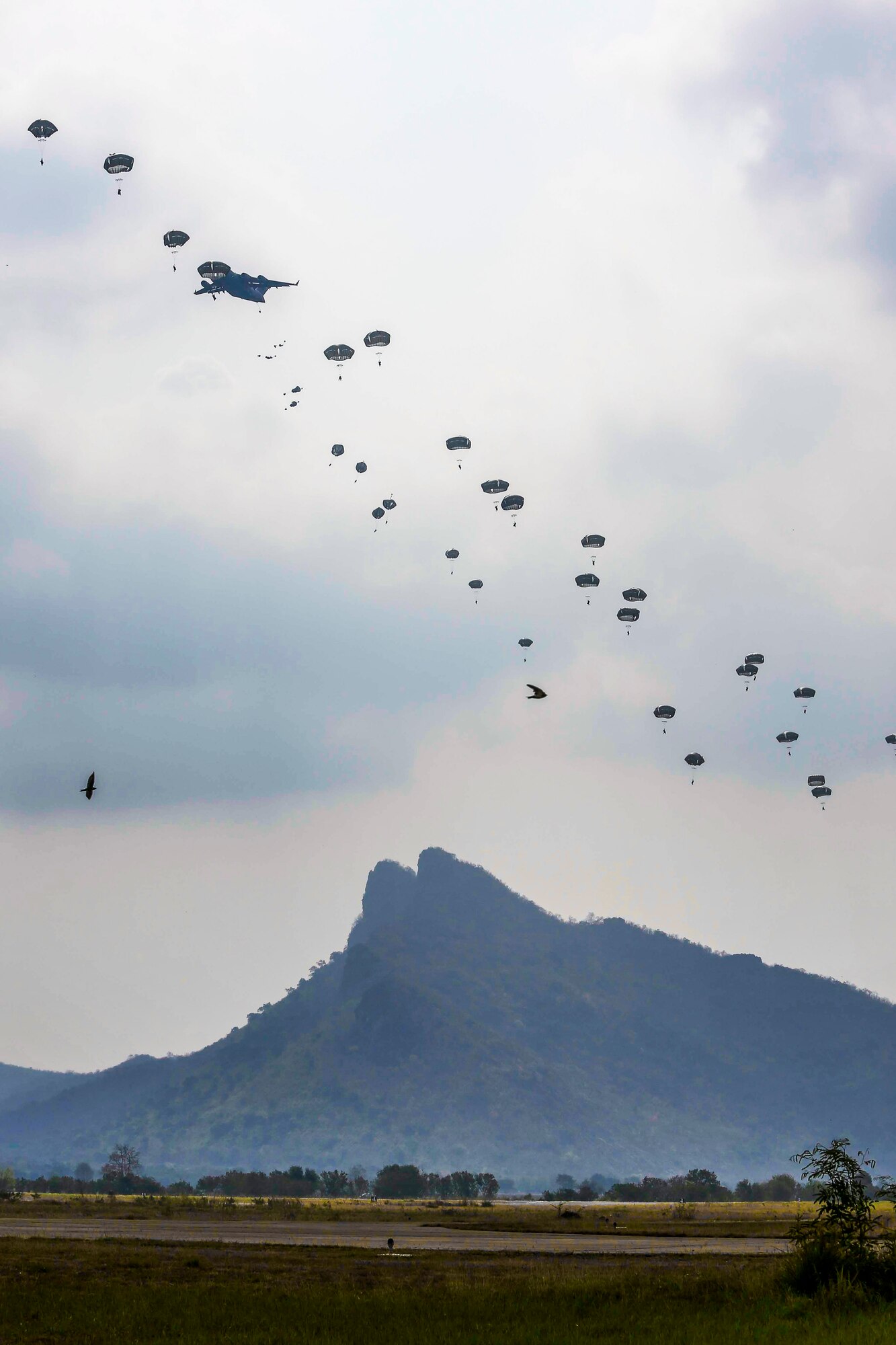 Royal Thai and U.S. Armed Forces jump out of a C-17 Globemaster III during a combined strategic air drop demonstration during Exercise Cobra Gold 2014 in Lopburi, Kingdom of Thailand, Feb. 15. Cobra Gold, in its 33rd iteration, demonstrates the U.S. and the Kingdom of Thailand's commitment to our long-standing alliance and regional partnership, prosperity and security in the Asia-Pacific region. The aerial insertion nearly 400 combined troops belonging to the Royal Thai and U.S. Armed Forces was held in order to demonstrate forcible entry capabilities. (U.S. Marine Corps photo by Sgt. Artur Shvartsberg)